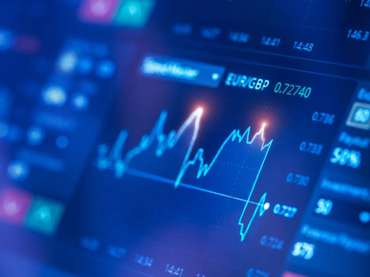 Close-up of a stock market chart showing trends and fluctuating numbers