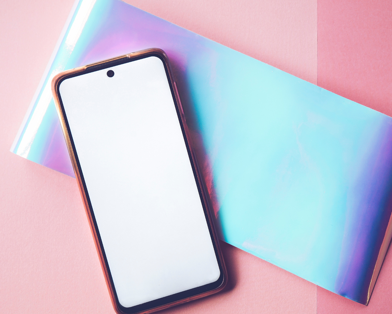 Smartphone with a blank screen positioned against a pink and blue gradient background.