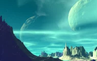 Alien landscape with large moons, jagged mountains, and teal sky.