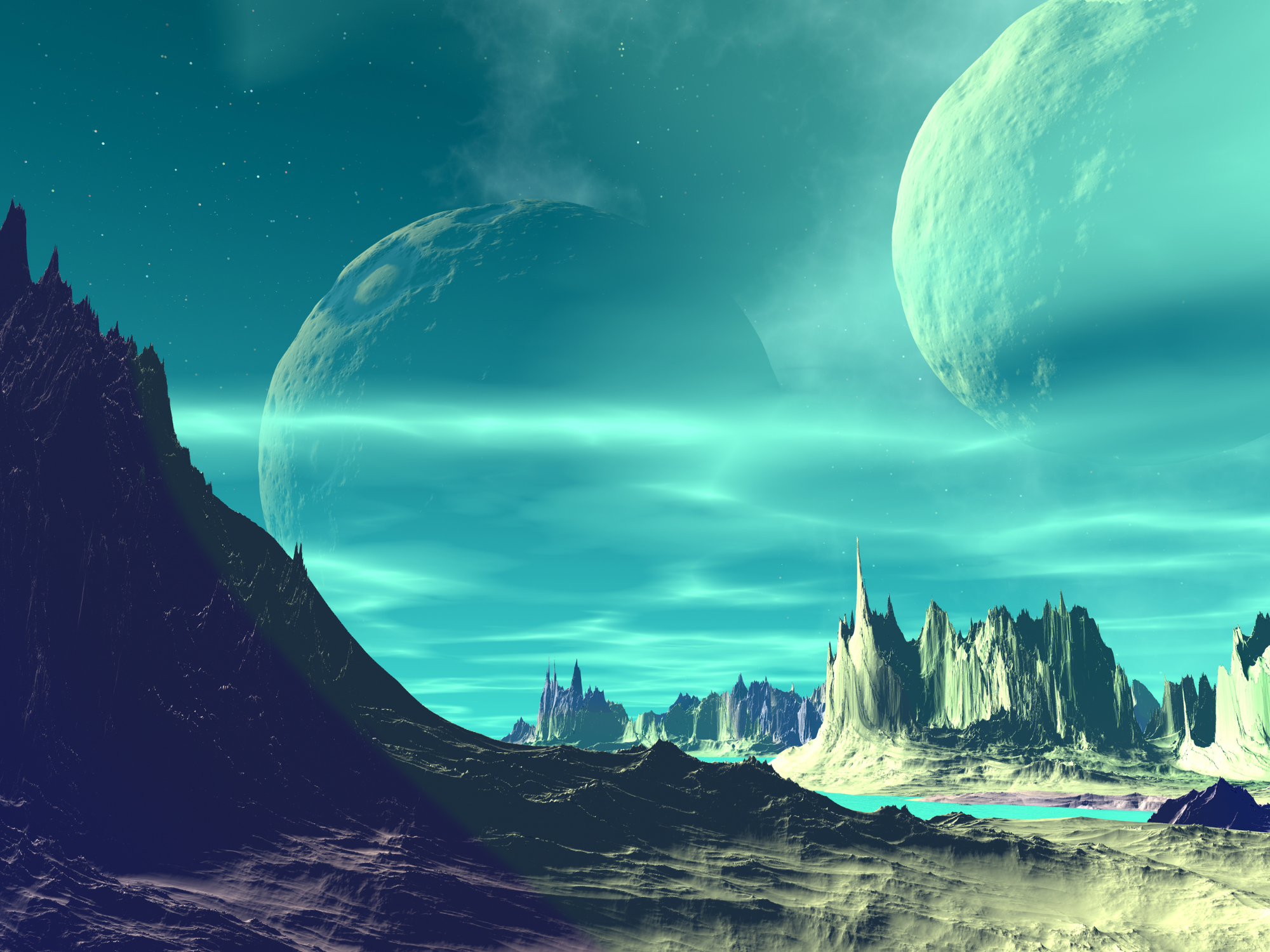 Alien landscape with large moons, jagged mountains, and teal sky.